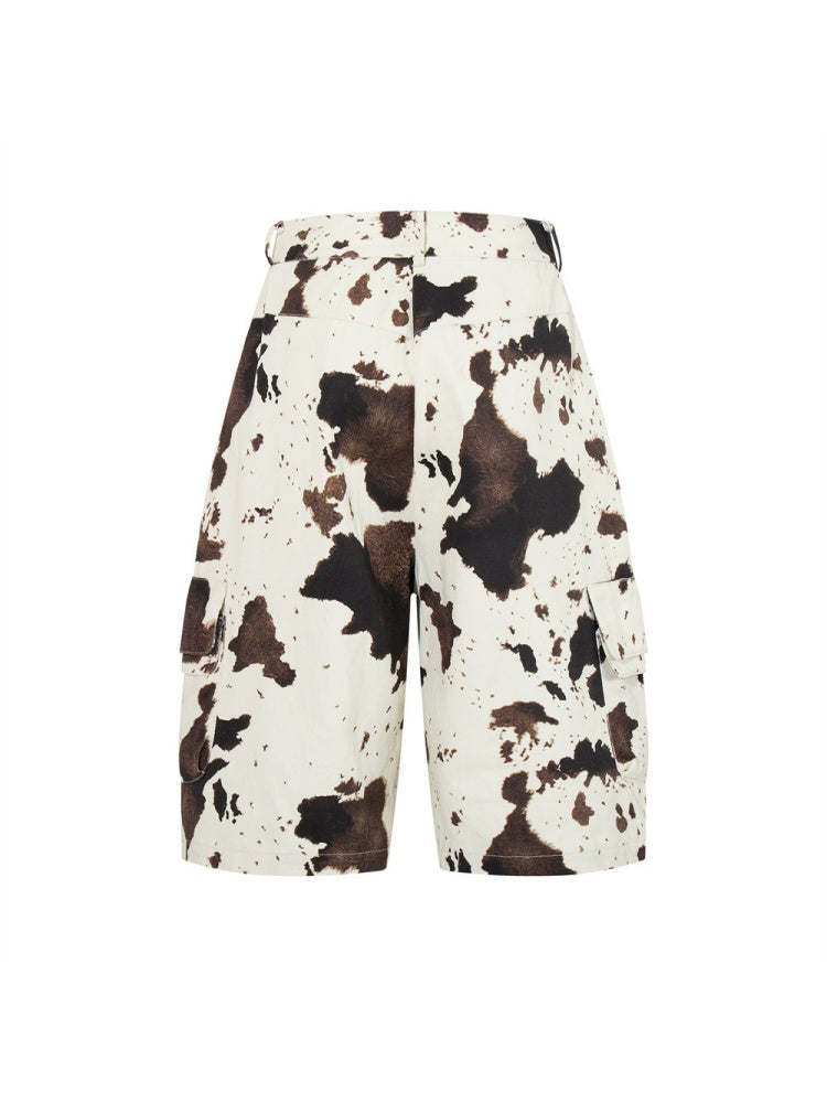 Color-blocked Cow Print Tie-dye Camouflage Denim 7 Points Shorts