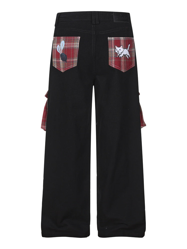 Plaid Color-blocked Cartoon Straight-fit Jeans