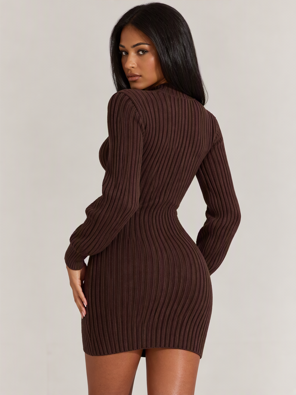 High-neck Solid Color Knitted Short Dress
