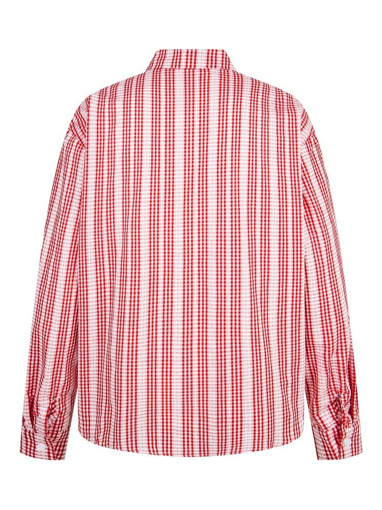 Plaid Retro Vibe Badge Embroidery Lapel Long-sleeved Shirt