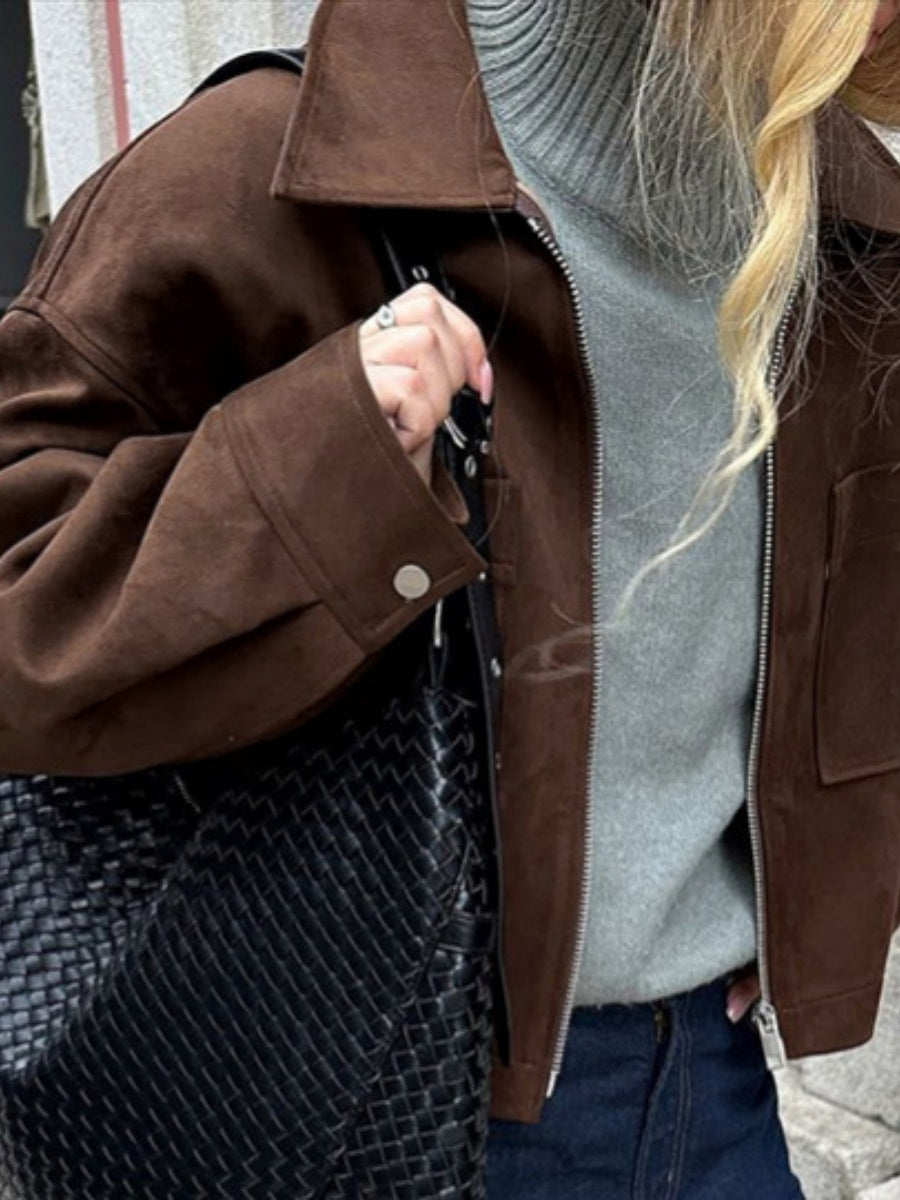 Basic Suede Pocket Trim Dark Brown Jacket