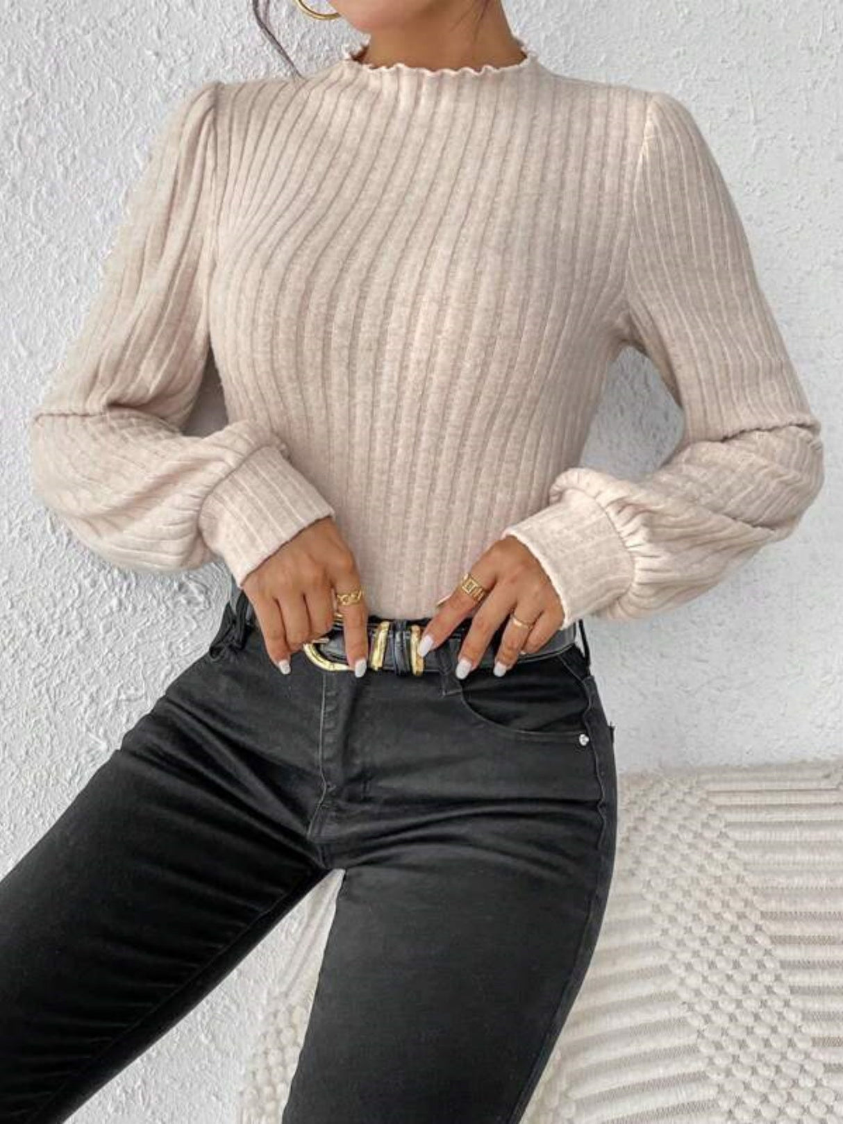 Ruffled Hem Stand Collar Lantern Sleeve Long-sleeved Knitted Brushed Ribbed Bodysuit Top
