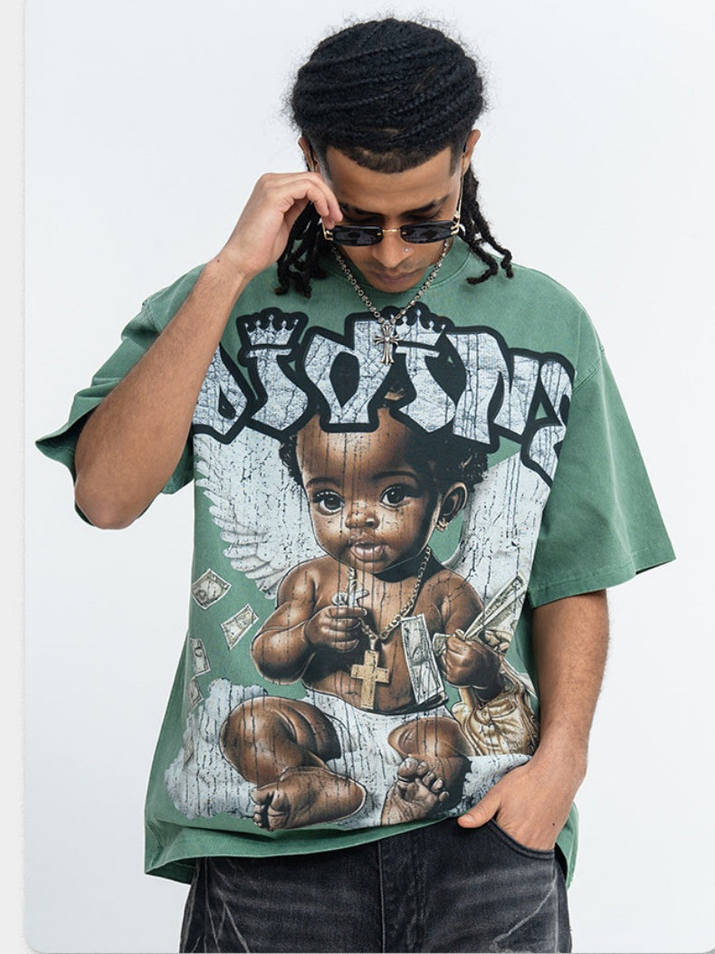 Washing Water Retro Angel Child Printed Loose-fit T-shirts