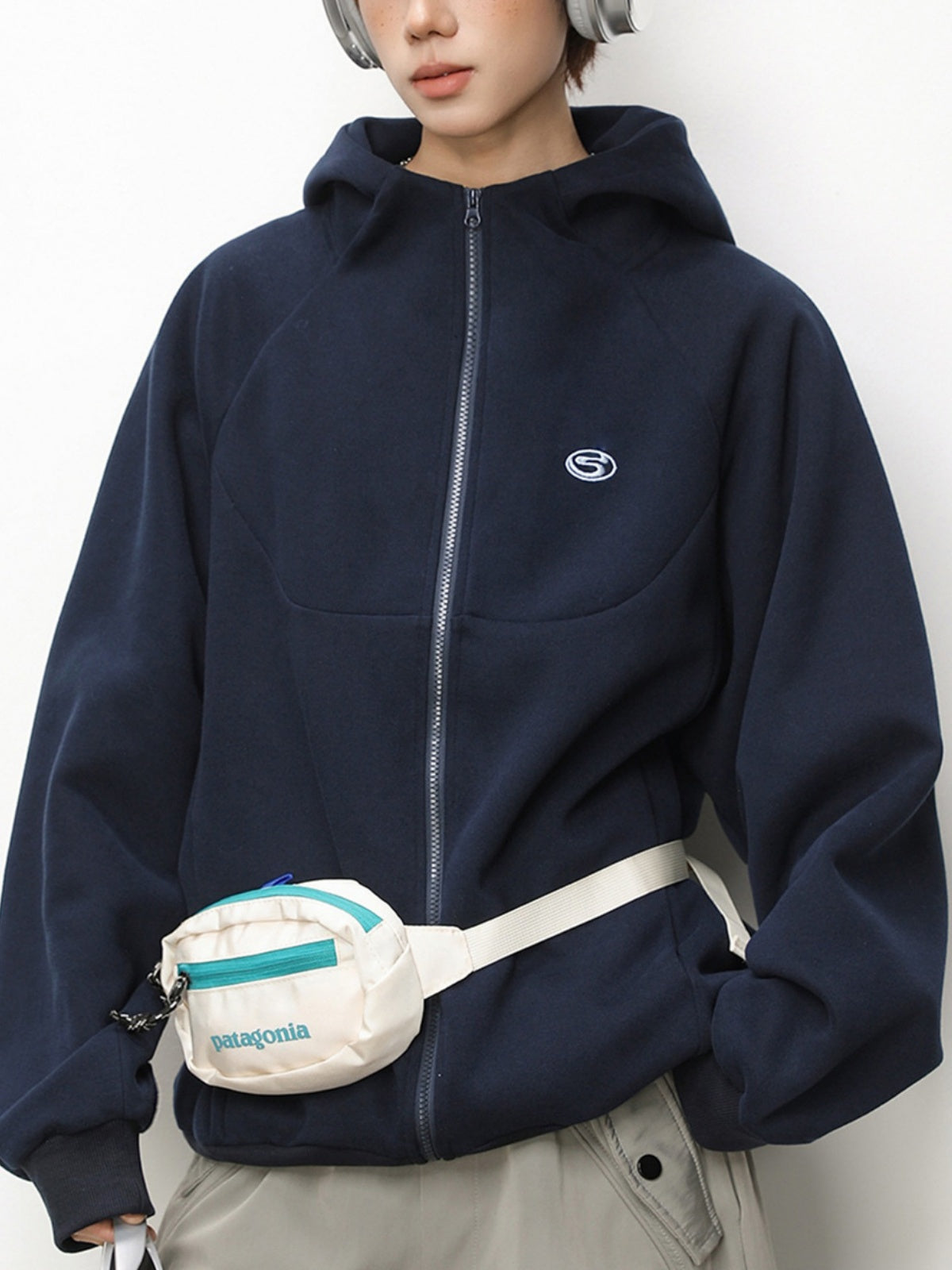 Boxy Color-blocked Embroidery Hoodies Cardigan