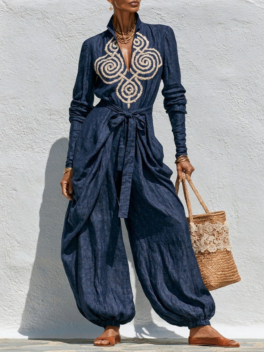 V-neck Tie-up Embroidered Loose-fitting Jumpsuit