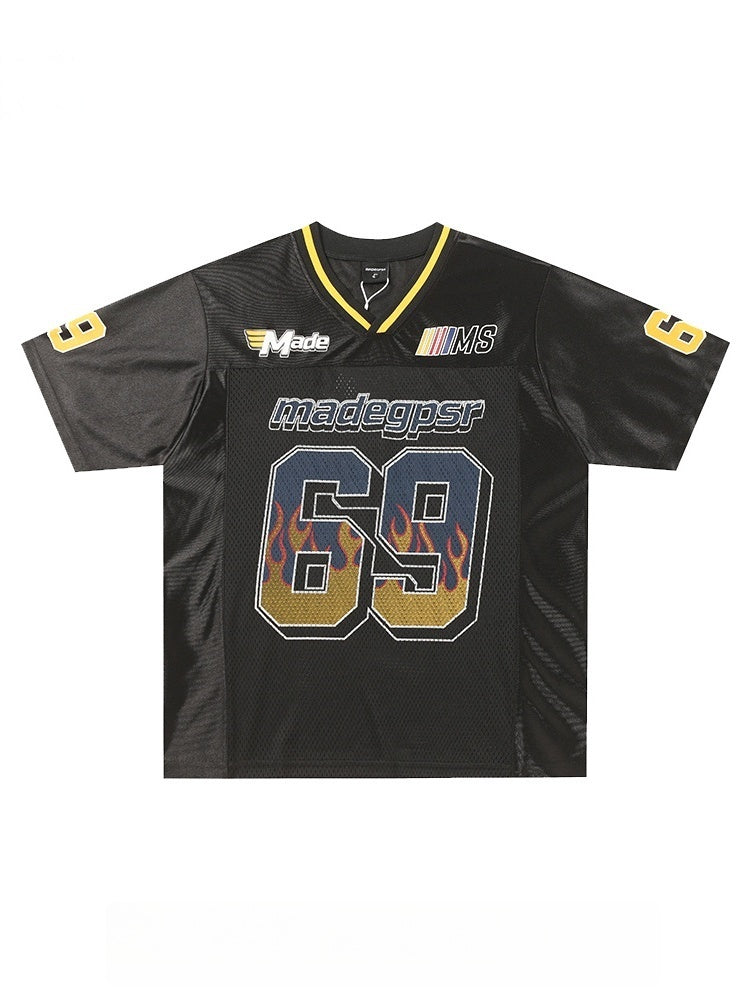 Patchwork Mesh 69 Flame College Style T-shirt