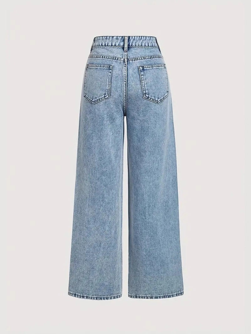 Women's Autumn/Winter Washed Rhinestone-Embellished Wide-Leg Jeans