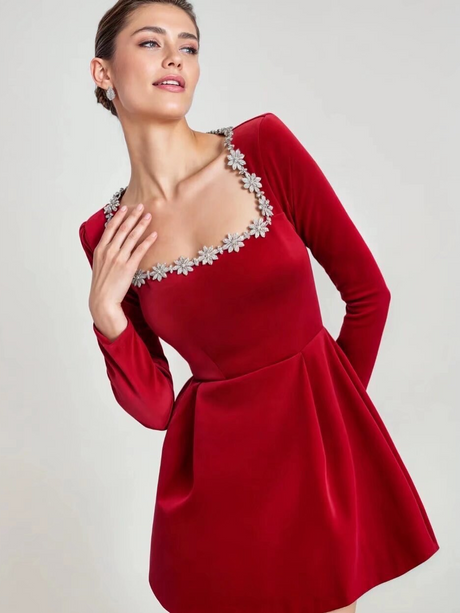 Square Collar Long Sleeve Diamond Velvet Mini&Short Dresses