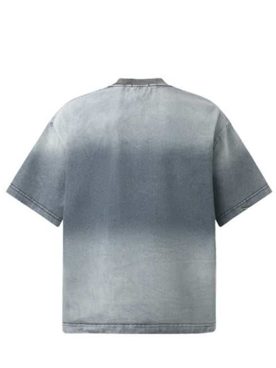 Tie-dye Gradient Washed Distressed Embroidery Denim T-shirt