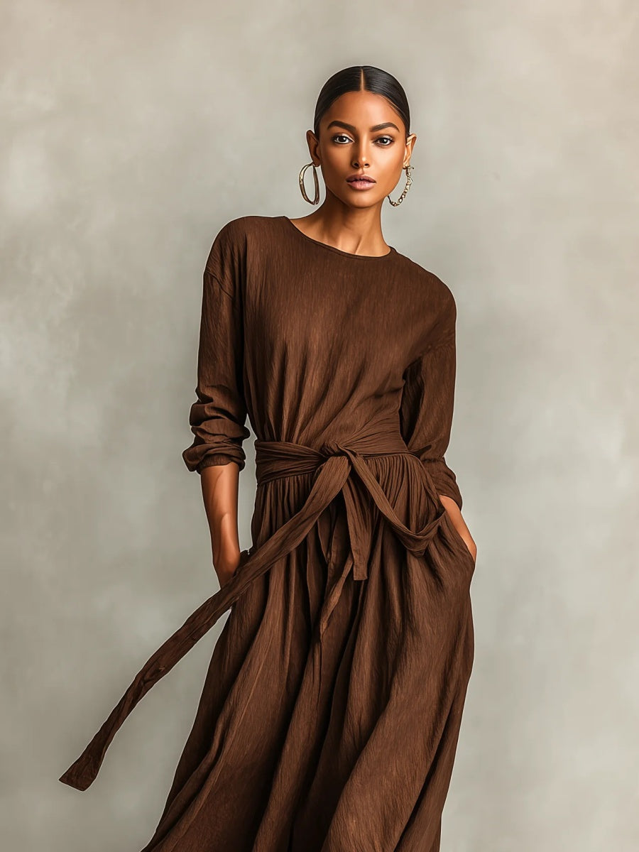 Elegant Brown Woven Long-sleeved Round Neck Long Dress