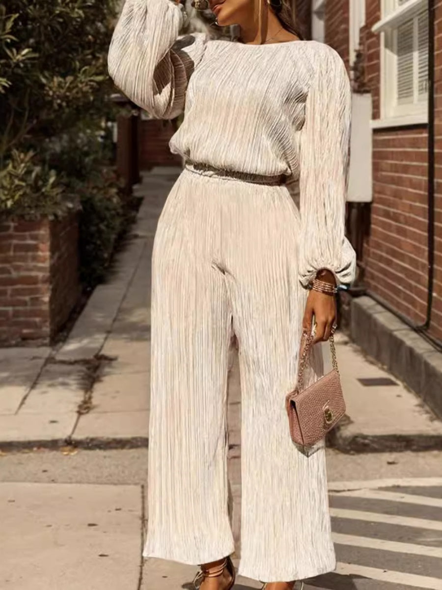 Blended Pullover Long Sleeves Pants Wide Leg Knitting 2-piece Sets