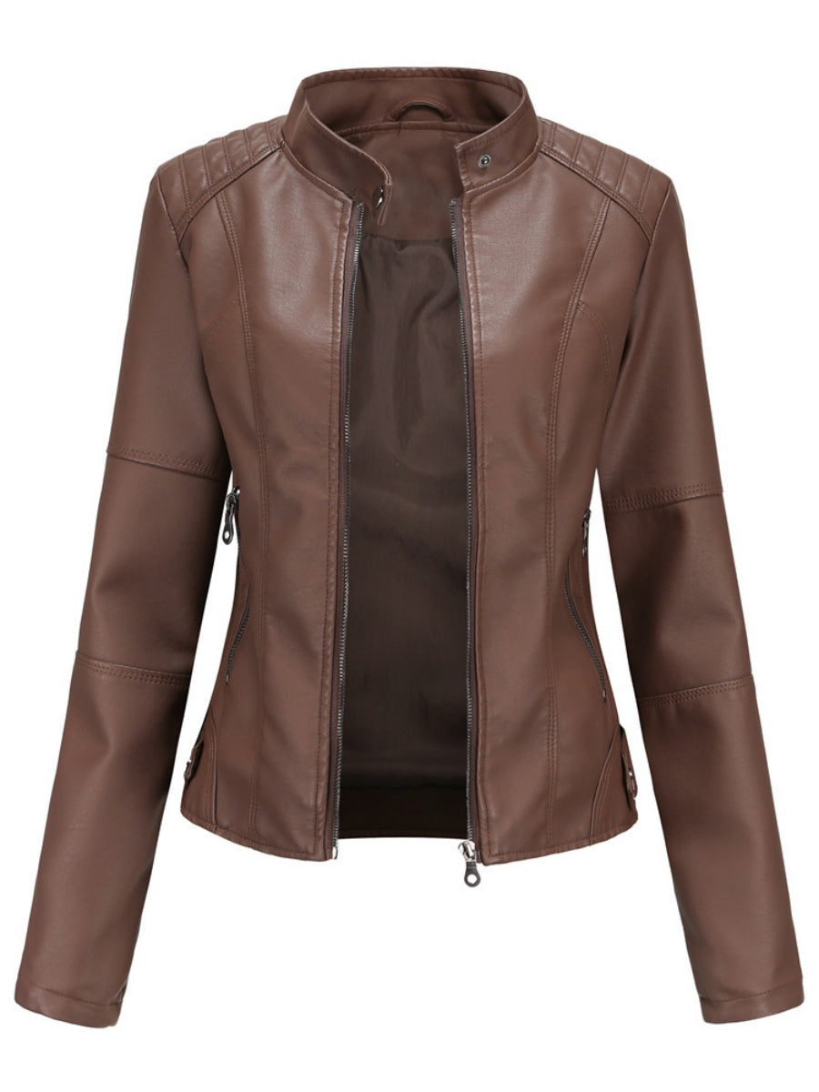 Veste en cuir à col montant et fermeture éclair, style urbain décontracté
