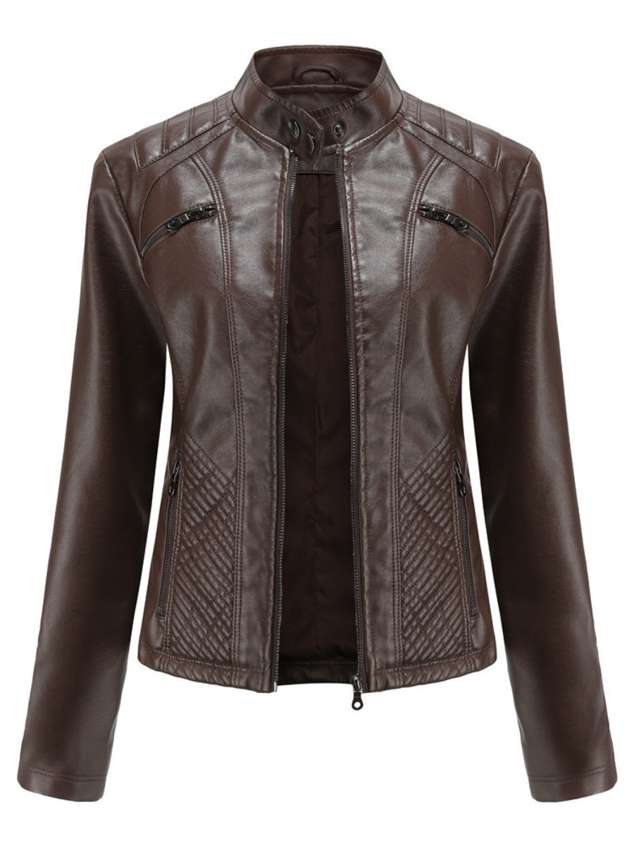 Three-dimensional Decoration Stand Collar Slim Fit Leather Jacket