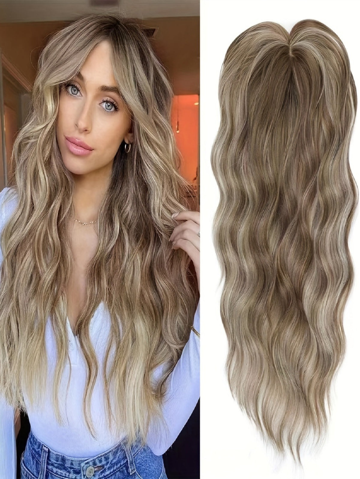 Invisible, Seamless, Long, Curly Wig With White Hair Covering