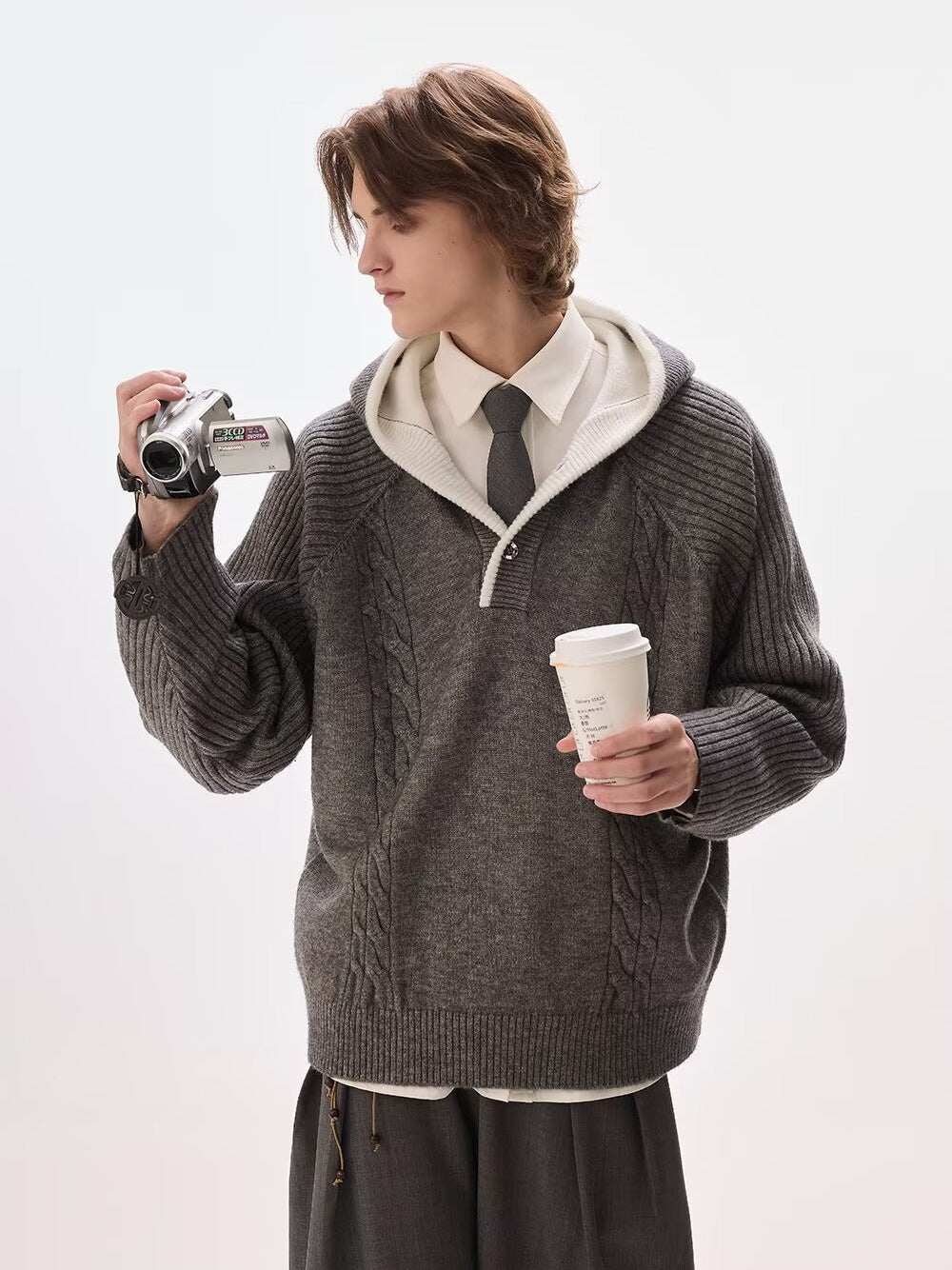 Layered-look Hooded Half-zip Color-block Sweater
