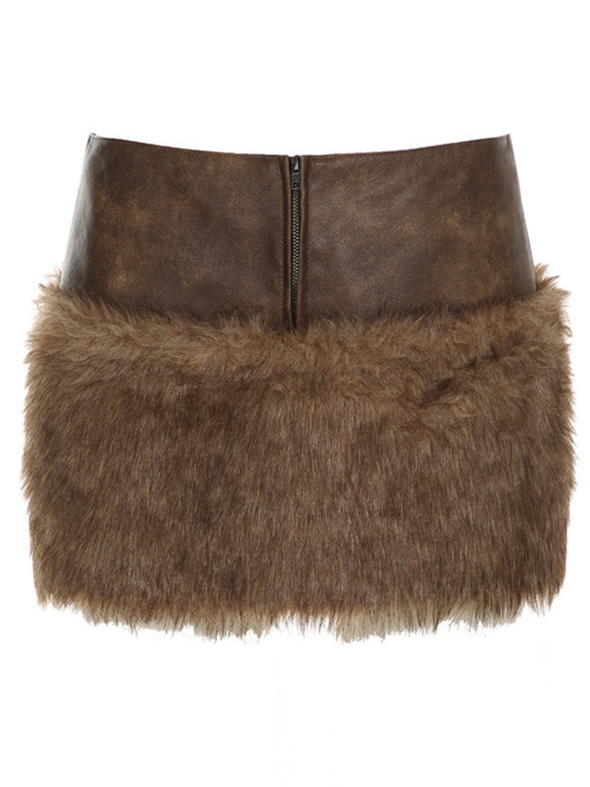 Furry Patchwork Zipper Leather Stitching Low-rise Skirts