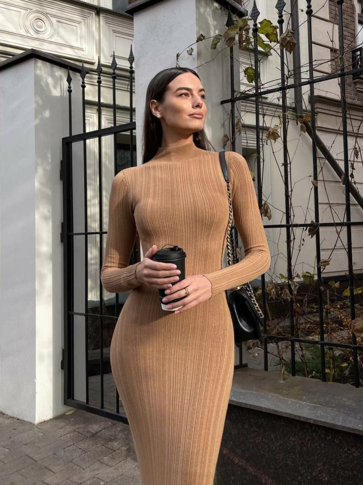 High Neck Long Sleeve Bodycon Dress Autumn Winter Maxi Dress Elegant French Knitted Dress