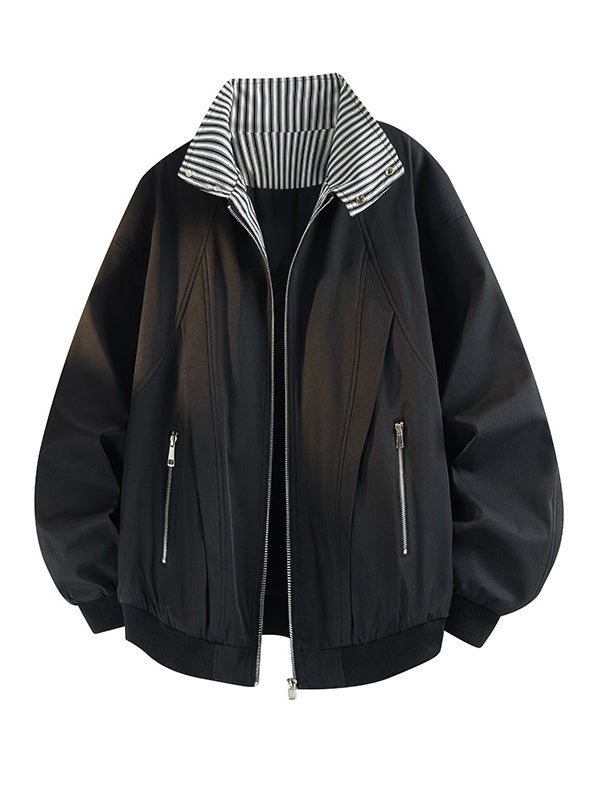Contrasting Colors Stripes Stand Collar Tooling Loose Leisure Flight Jacket