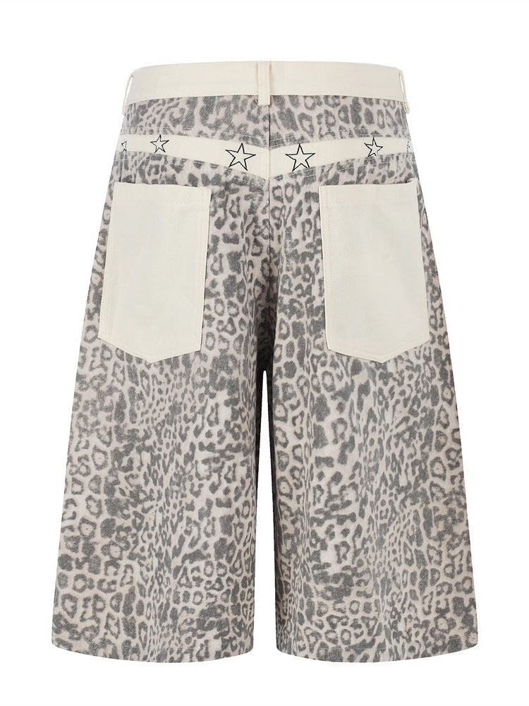 Retro Leopard Print Work Clothes Color-blocked Embroidery 7 Points Jeans