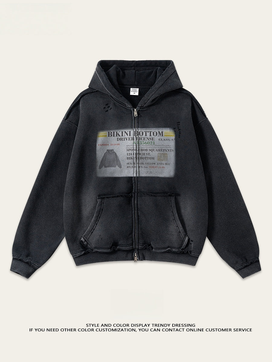 Cardigan mit abgenutztem, gewaschenem Print-Hoodie