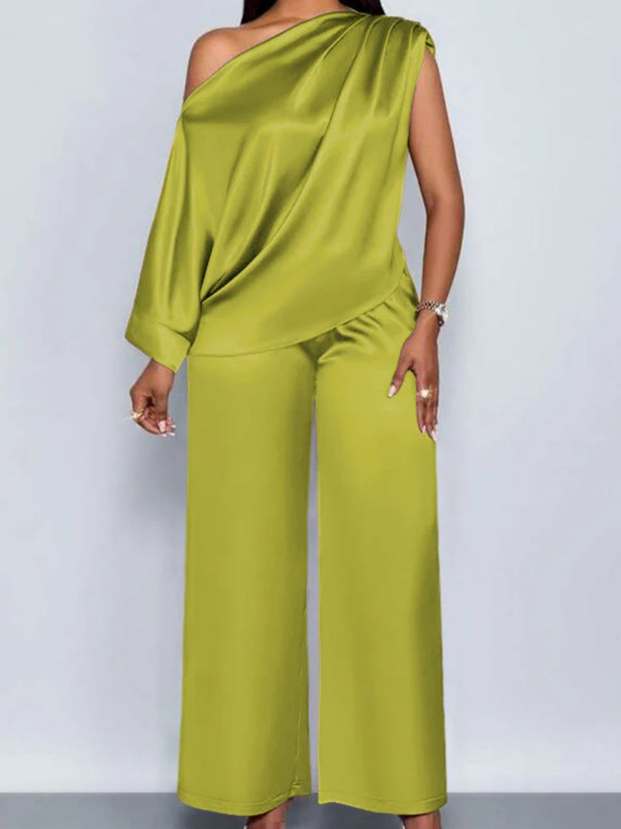 Satin Sloping Shoulders Short Sleeve TOP Wide-leg Pants 2-piece Sets