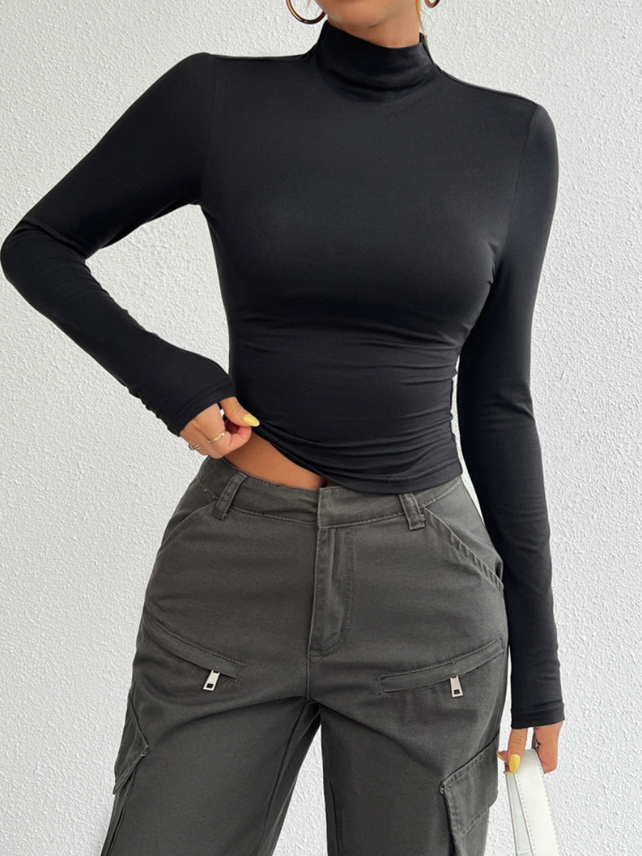 Simplicity Navel Solid Color Turtleneck Long Sleeve T-shirts