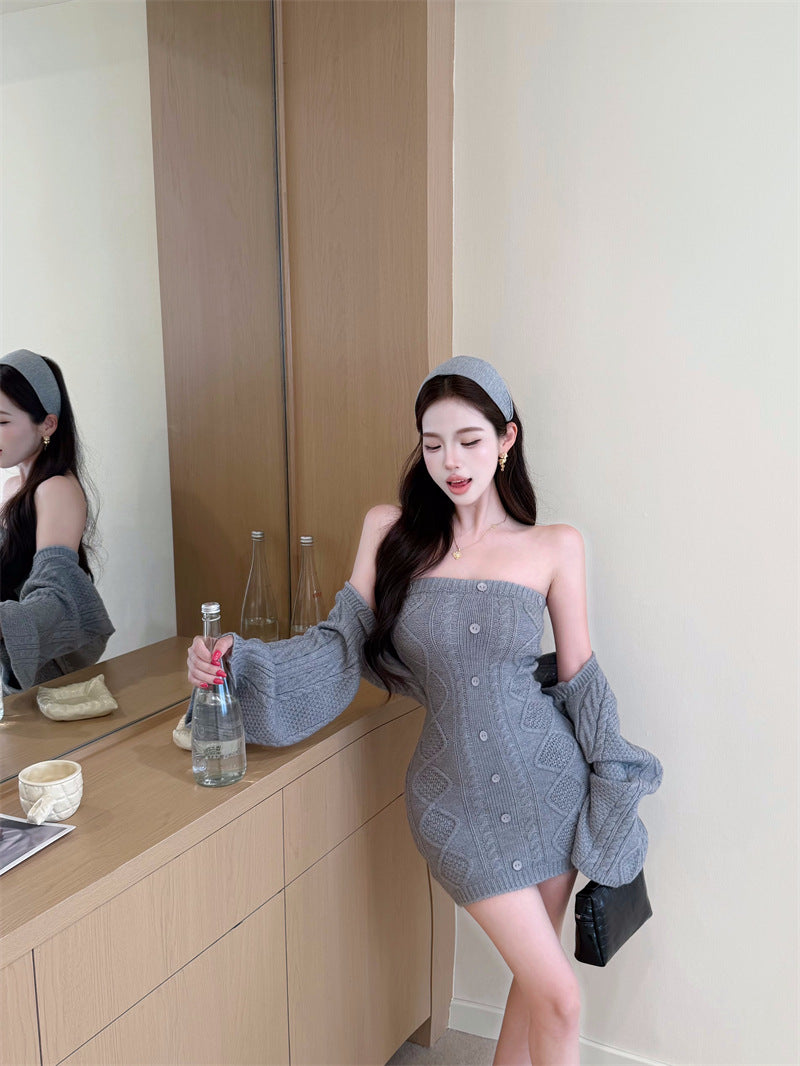 Knitted Elegant Fashion Set: Long-sleeved, Waist-cinching Sweater And Strapless Dress Two-Piece Set