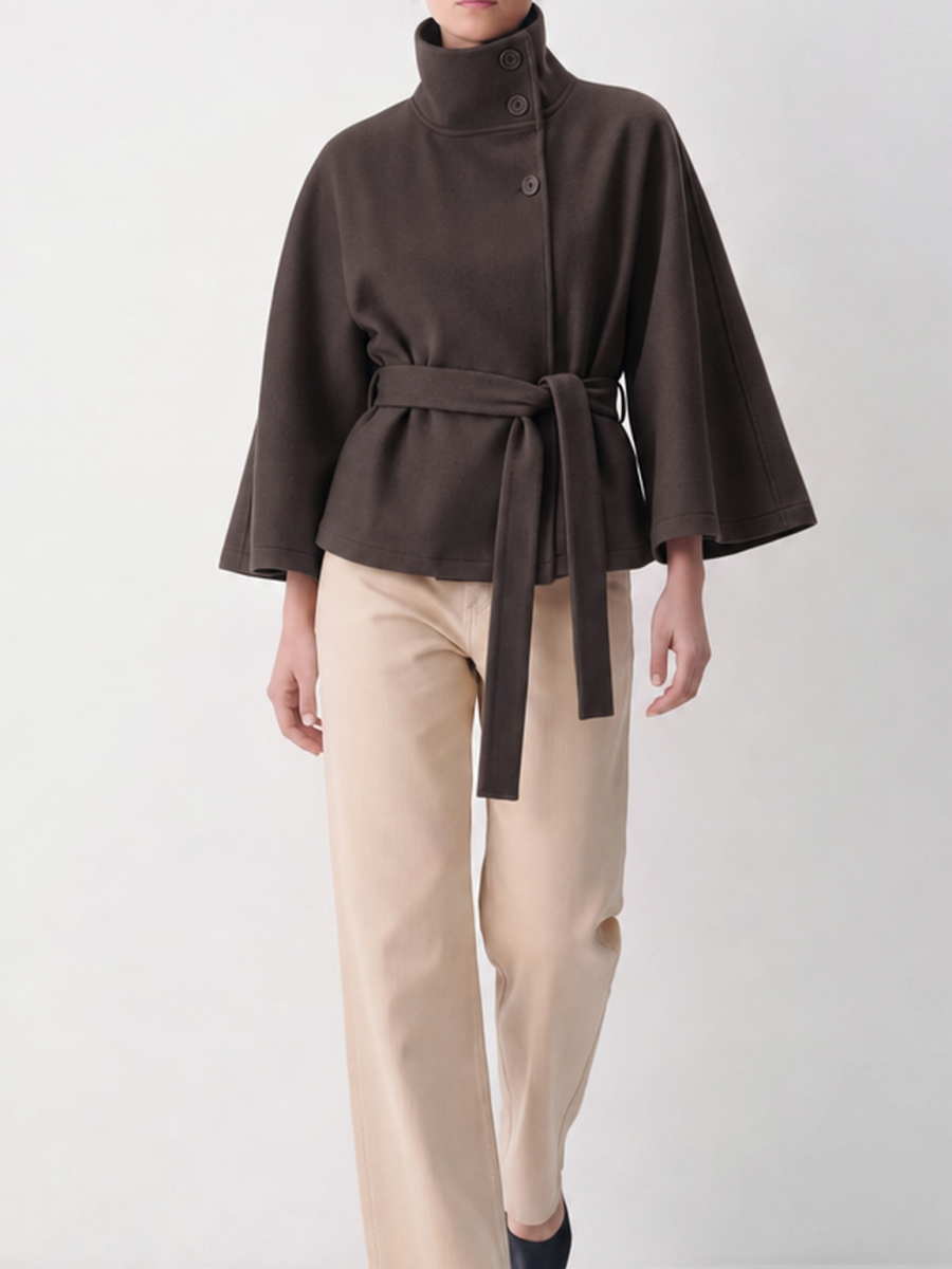 Stand Collar Large Sleeves Buttons Straps Solid Color Coats