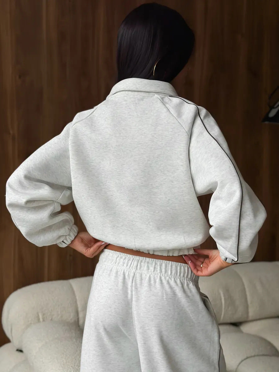 American Retro Color-blocked Striped Tracksuit For Women Two-piece Set: Collared Half-zip Sweatshirt And High-waisted Wide-leg Sweatpants