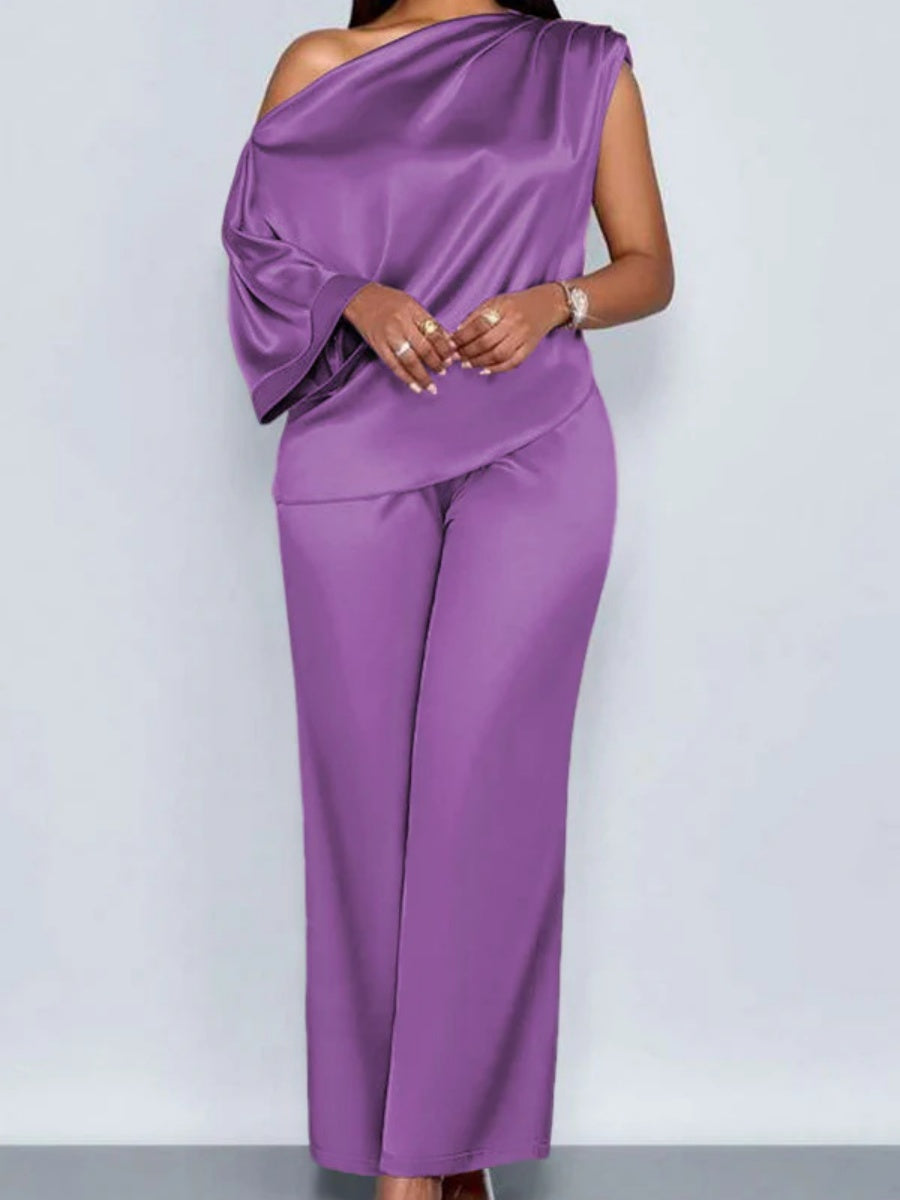 Satin Sloping Shoulders Short Sleeve TOP Wide-leg Pants 2-piece Sets