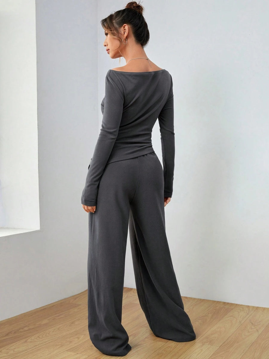 Pocket Solid Color Large Round Neck Long Sleeve Pants 2-piece Sets
