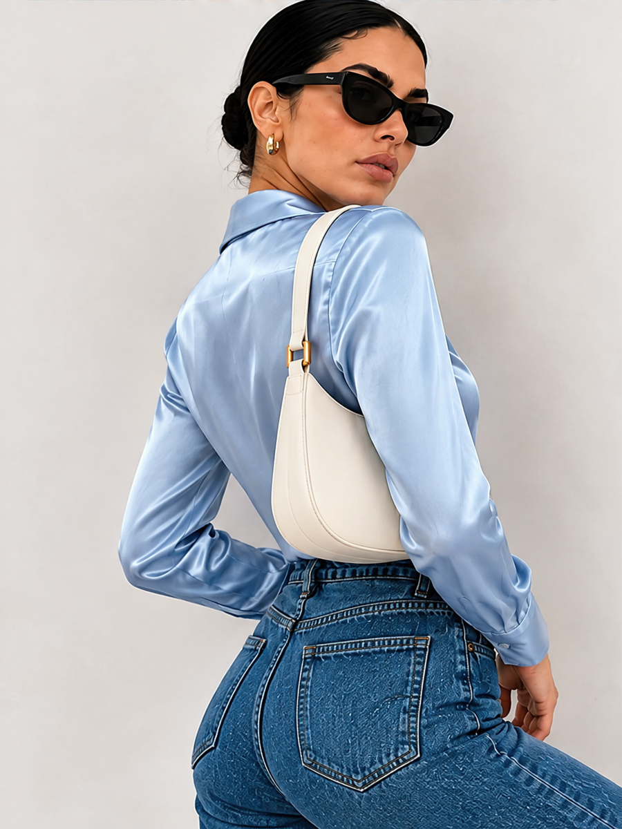 Solid Color Satin Pleated Long Sleeve Blouse&Shirts
