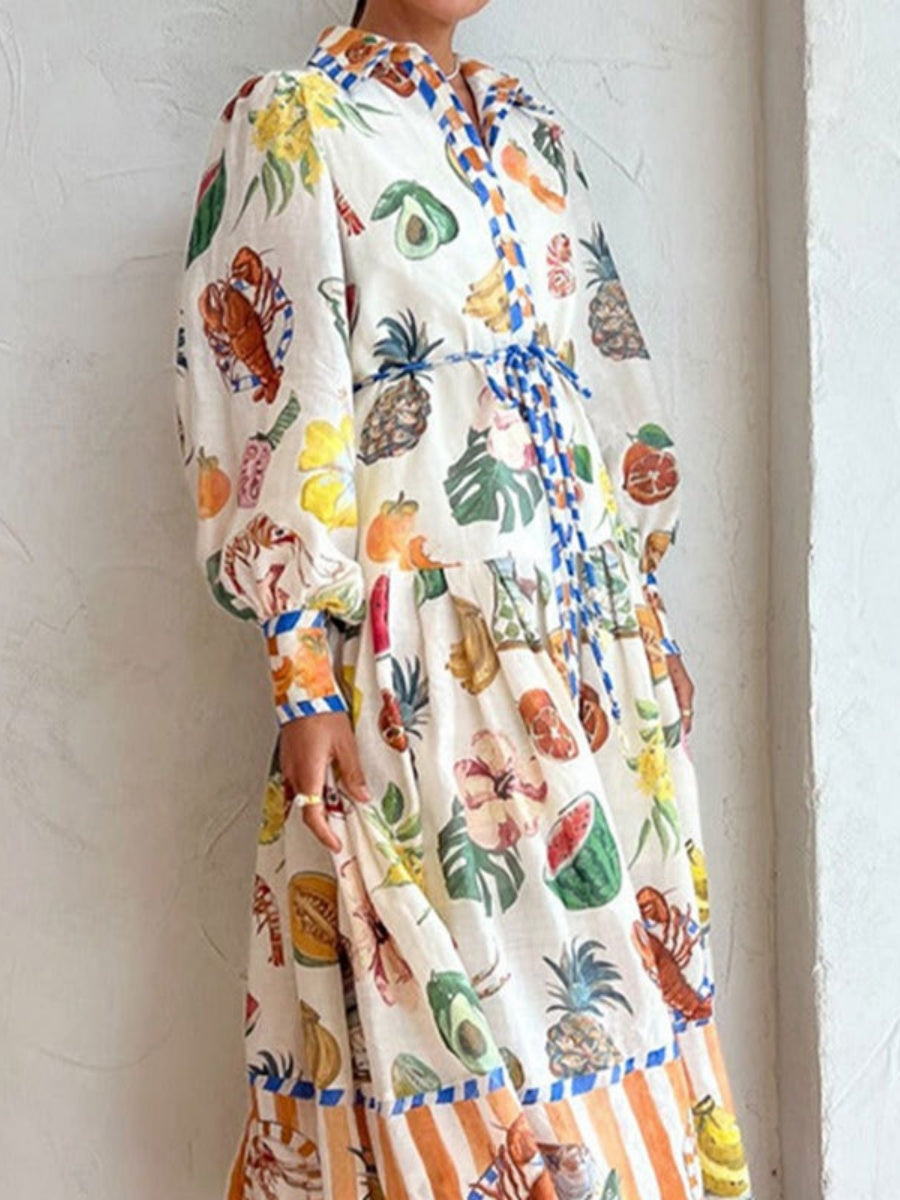 Botanical Floral Prints Balloon Sleeve Lapel Waist Long Sleeve Maxi Dresses