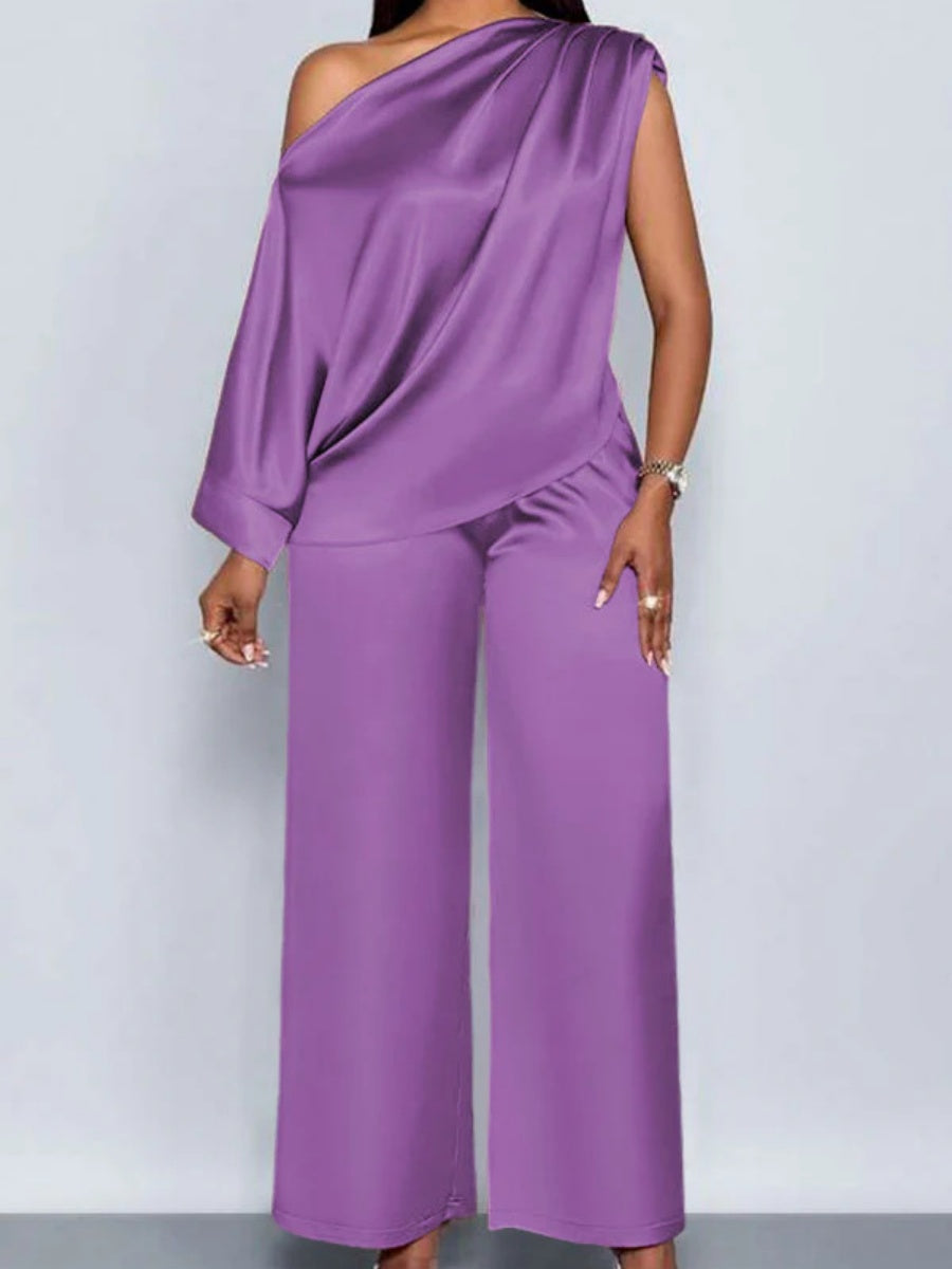 Satin Sloping Shoulders Short Sleeve TOP Wide-leg Pants 2-piece Sets