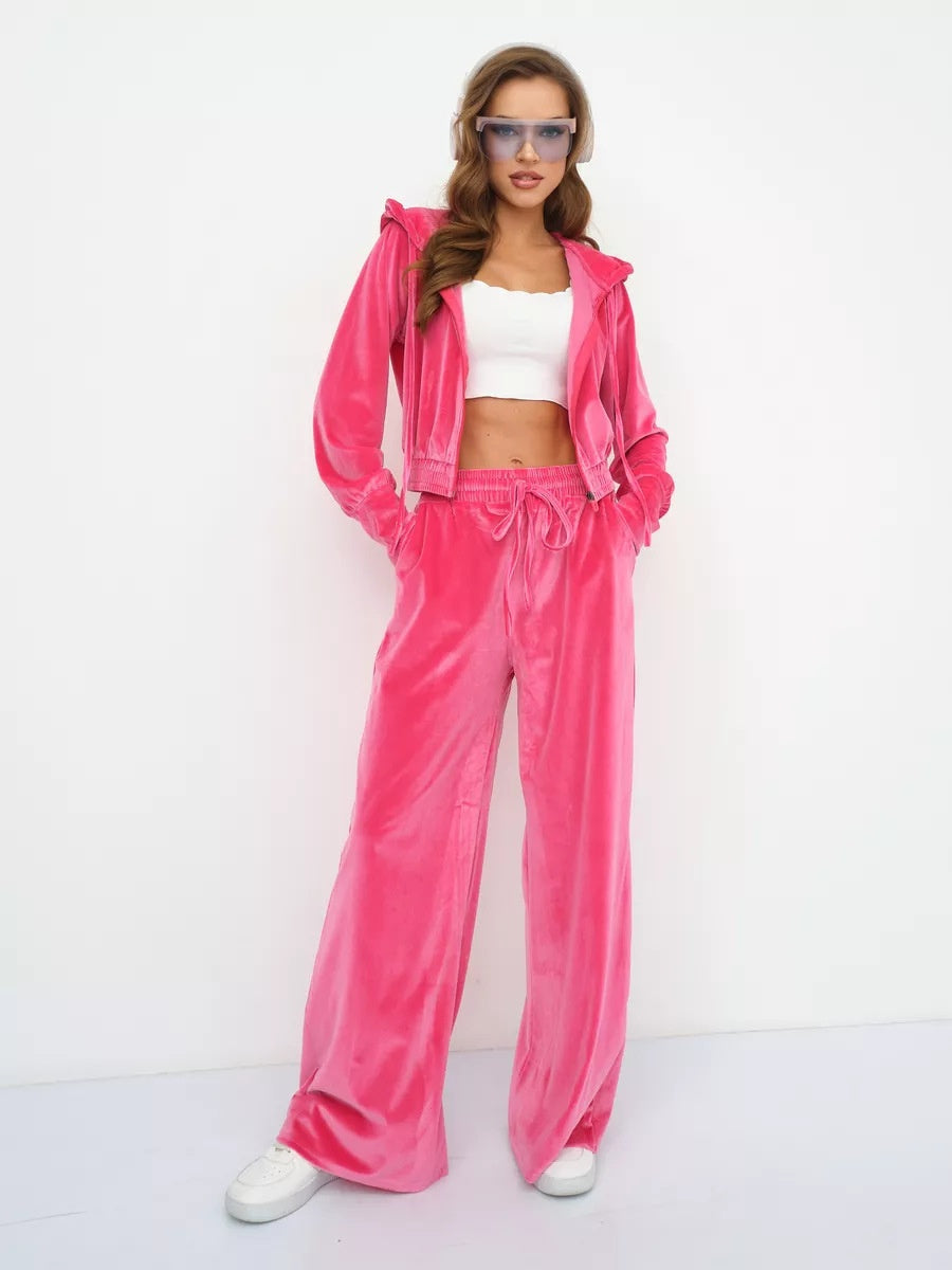 Velvet Zipper Cardigan, Silver Fox Fleece Sweatshirt, Lace-Up Pants 2-piece Sets