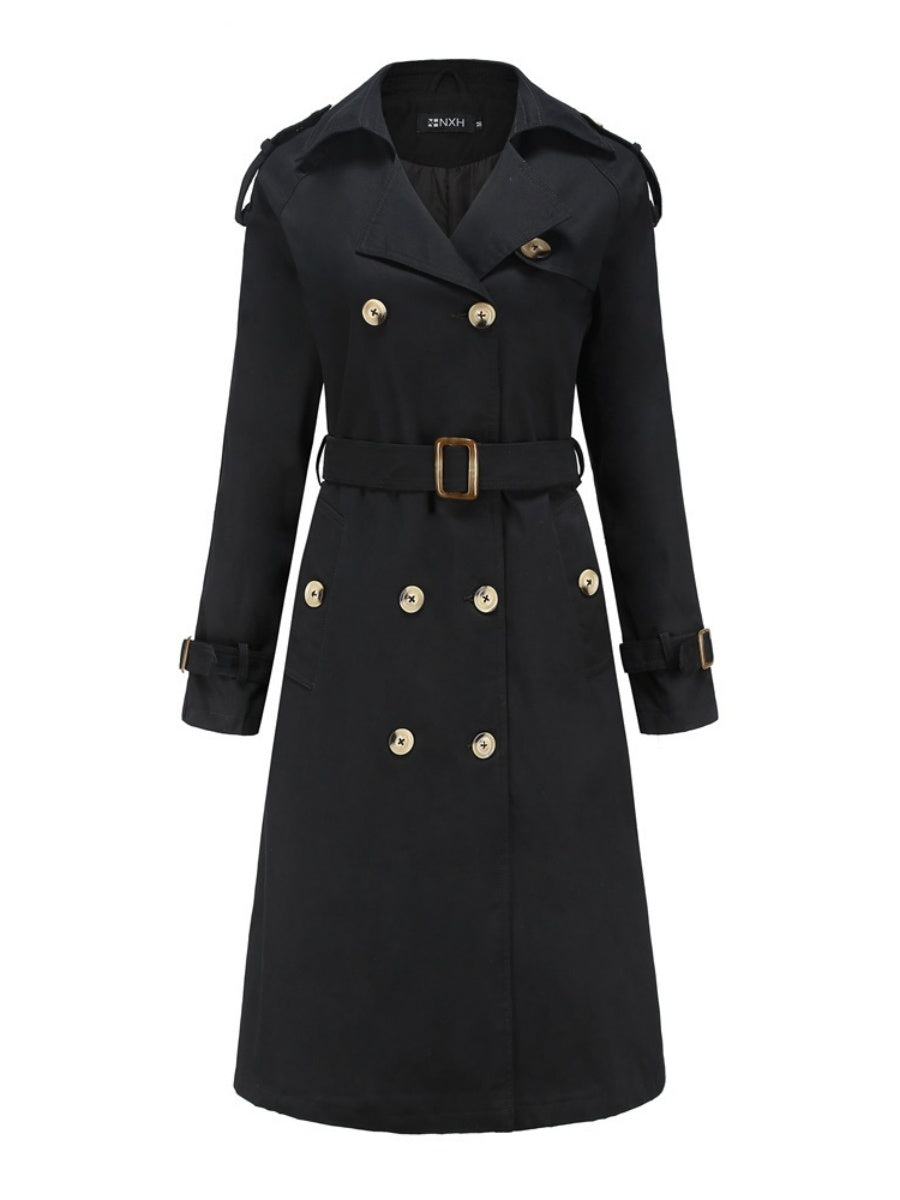 Waist-hugging Cotton Long Sleeve Lapel Three-dimensional Decoration Solid Color Trench Coats