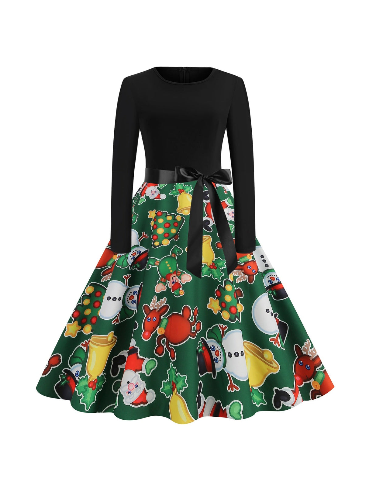 Christmas Crew Neck Splicing Long Sleeve Midi Dresses