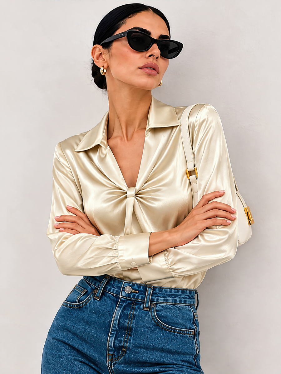 Solid Color Satin Pleated Long Sleeve Blouse&Shirts