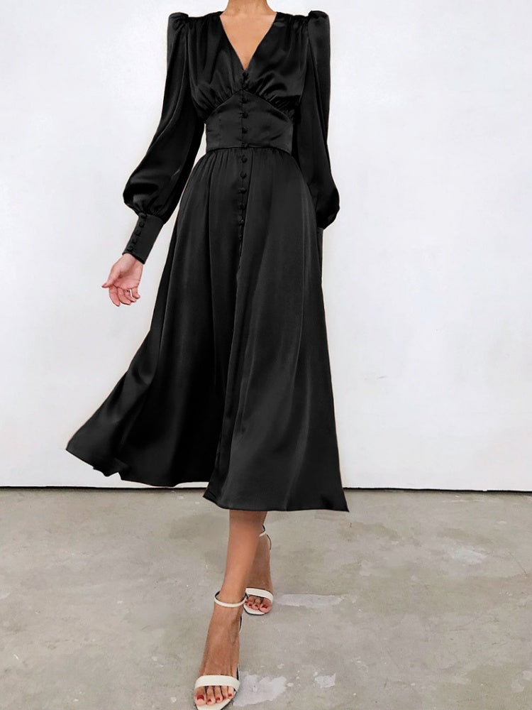 V-neck Satin Waist Retro Maxi Dresses