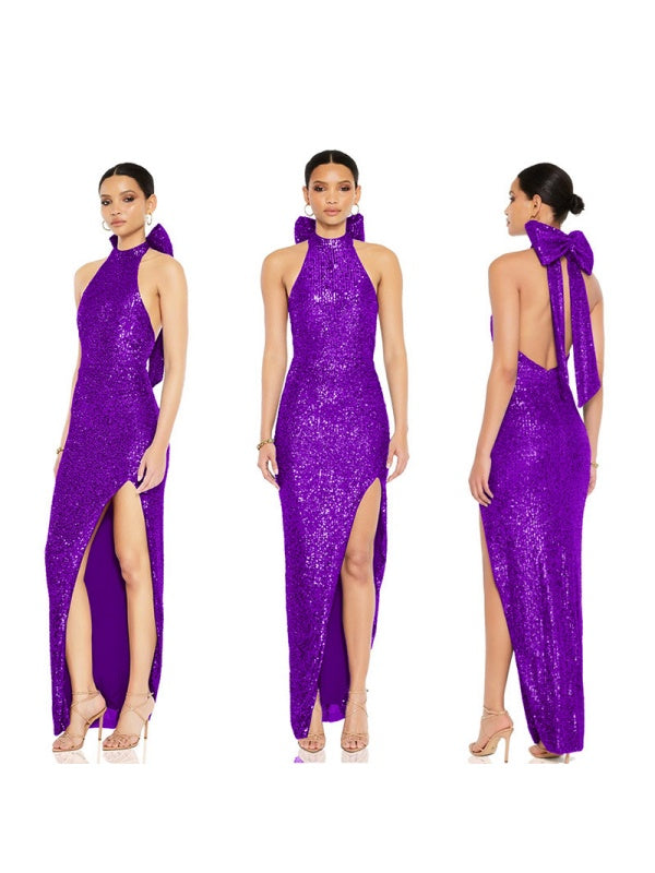 Sequined Large Bow Halter Neck Backless Parties Maxi Dresses