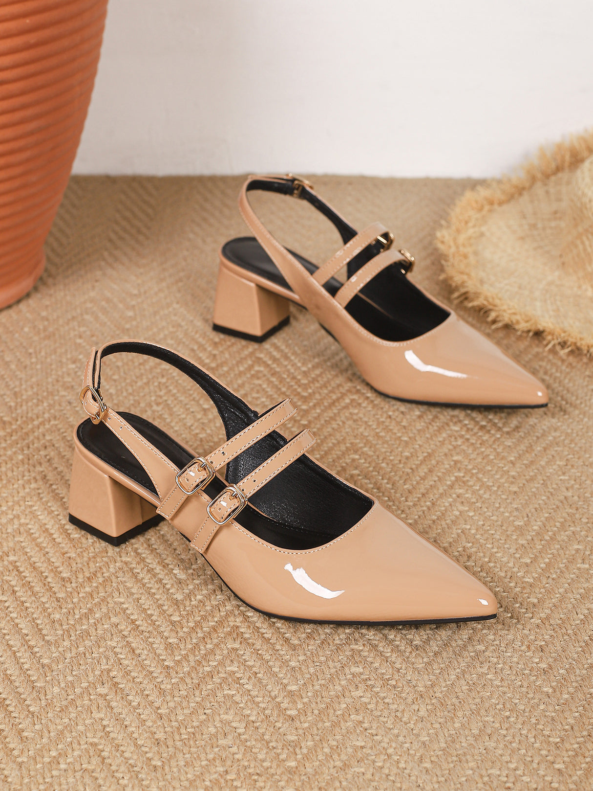 Metal Buckle Pointed Toe Open Back Chunky Heel Mary Jane Shoes
