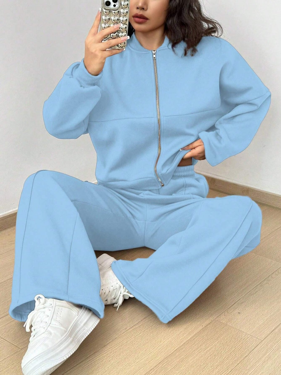 Sports And Leisure Solid Color Crew Neck Zipper 2-piece Sets