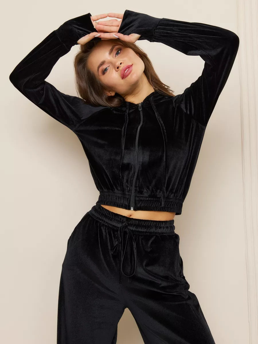 Velvet Zipper Cardigan, Silver Fox Fleece Sweatshirt, Lace-Up Pants 2-piece Sets