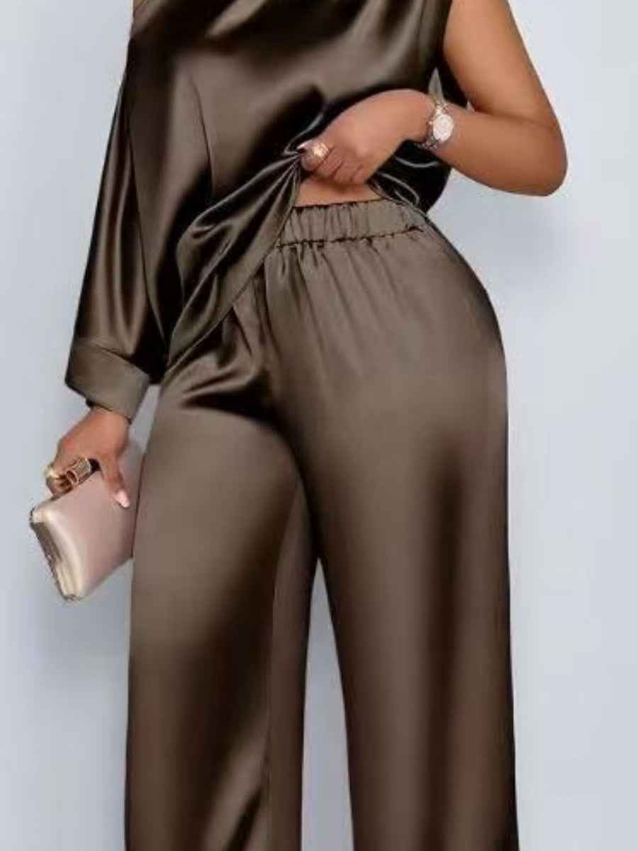Satin Sloping Shoulders Short Sleeve TOP Wide-leg Pants 2-piece Sets