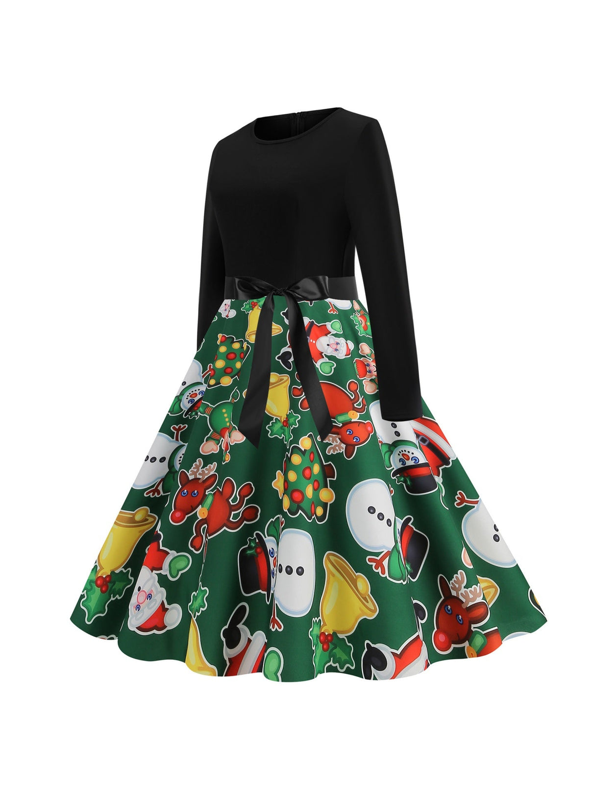 Christmas Crew Neck Splicing Long Sleeve Midi Dresses