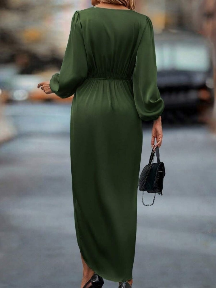 Slit Balloon Sleeve Irregular Long Sleeve Satin Long Skirt