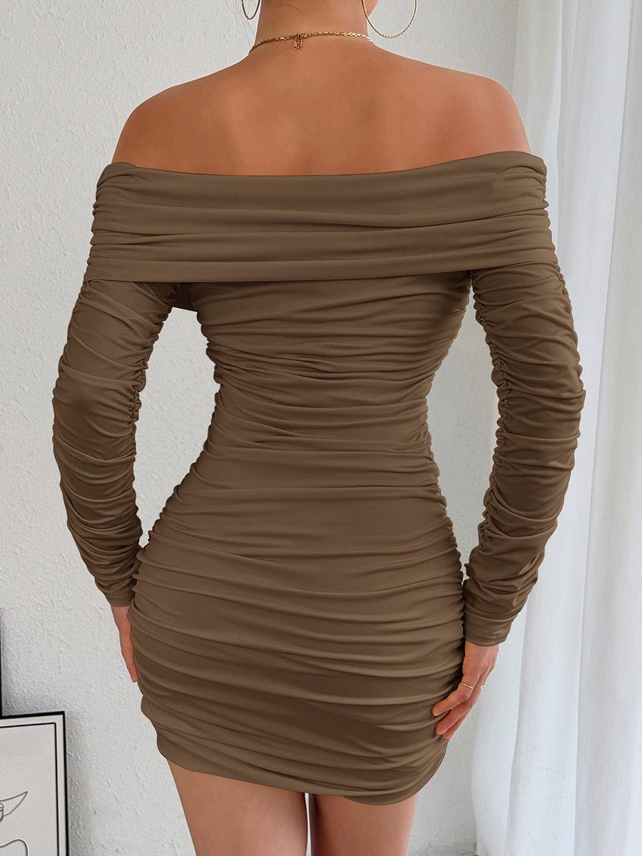 Off-the-shoulder Long-sleeved Pleated Slim-fit Bodycon Short Dress