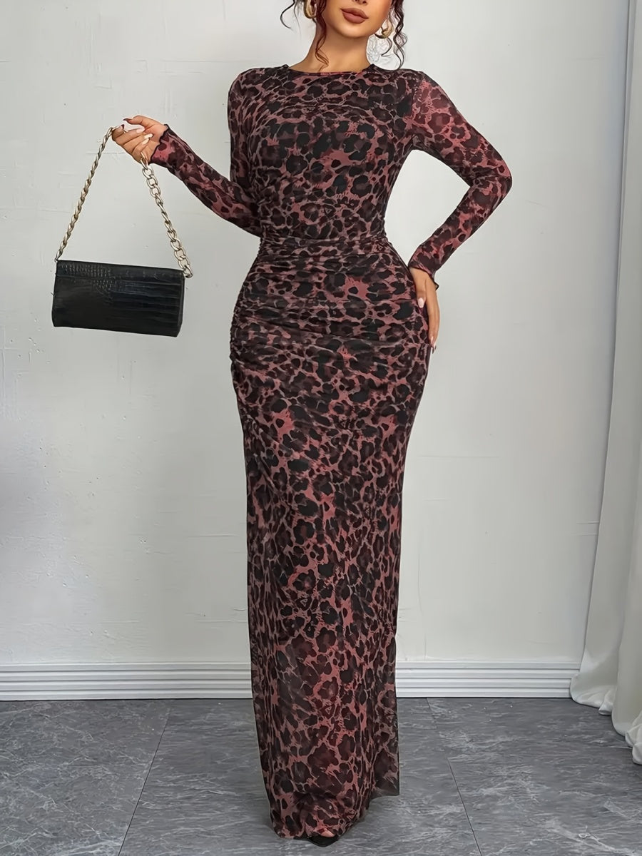 Leopard Mesh Printing Pleats Sexy Tight Fit Crew Neck Maxi Dresses