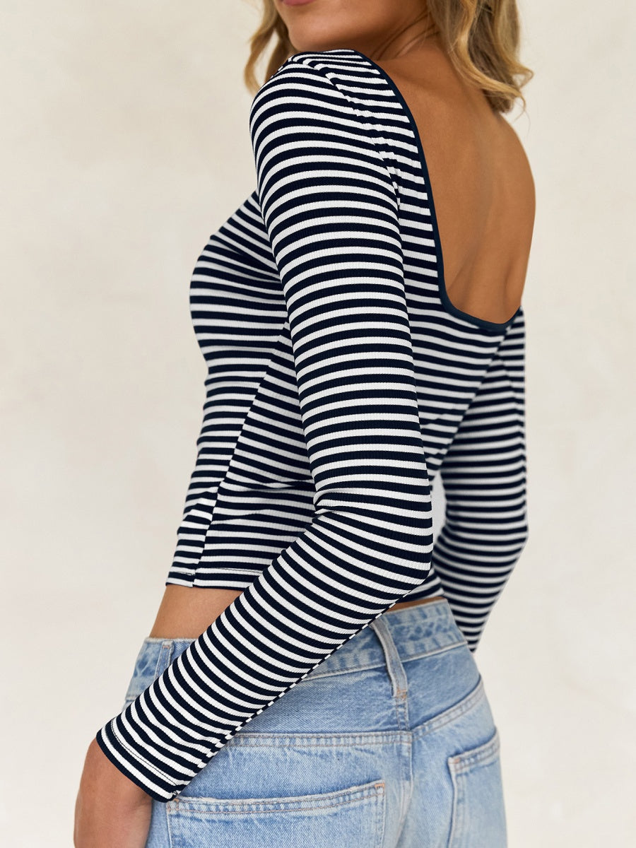Simplicity Contrasting Colors Stripes Backless Long Sleeve T-shirts