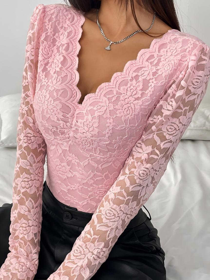 Lace Long Sleeve Perspective Slim Fit Bodysuit